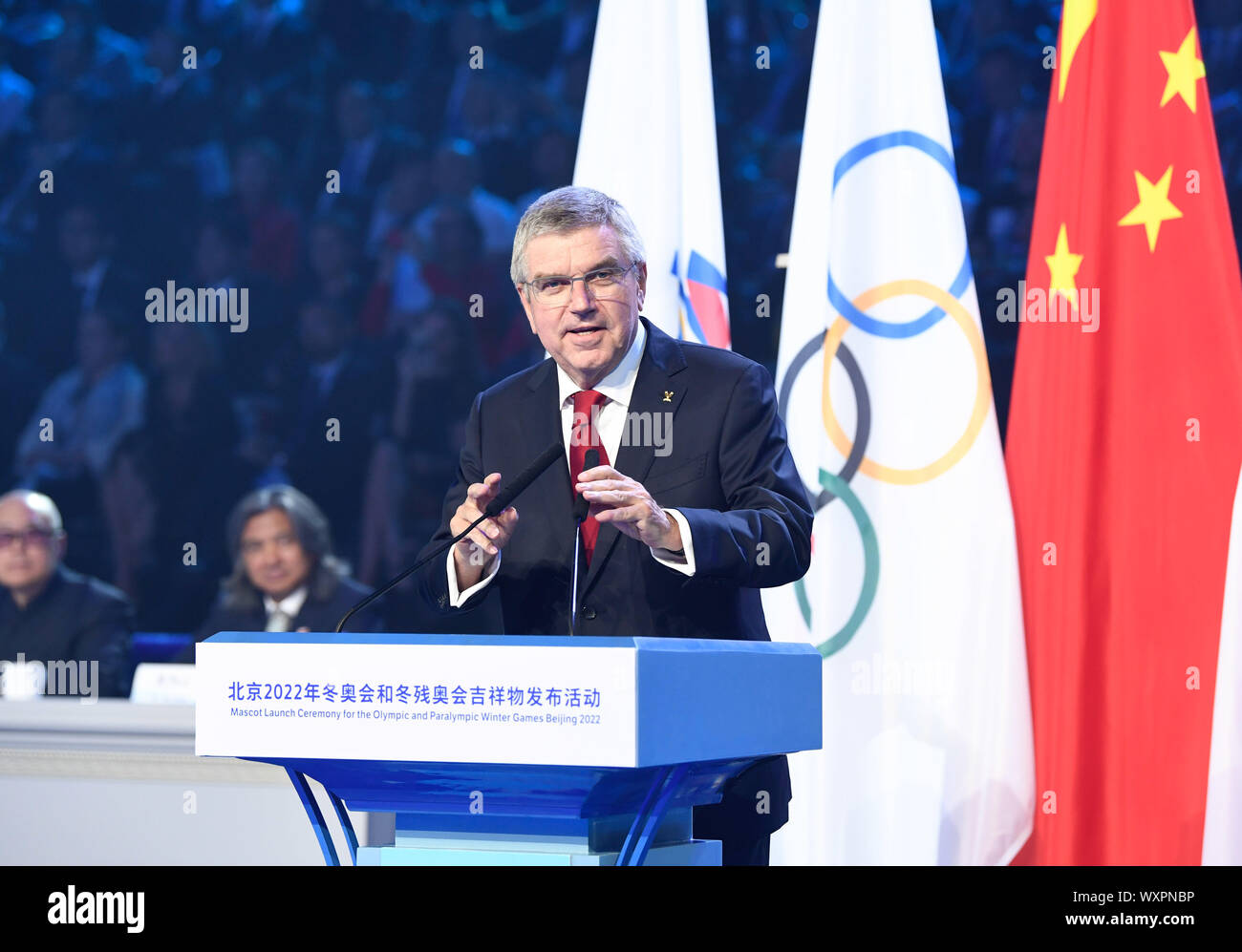 Beijing, Chine. Sep 17, 2019. Comité International Olympique (CIO), Thomas Bach traite de la Beijing 2022 Les Jeux olympiques et paralympiques d'hiver mascot cérémonie de lancement à Beijing, capitale de Chine, le 17 septembre 2019. Credit : Shen Hong/Xinhua/Alamy Live News Banque D'Images