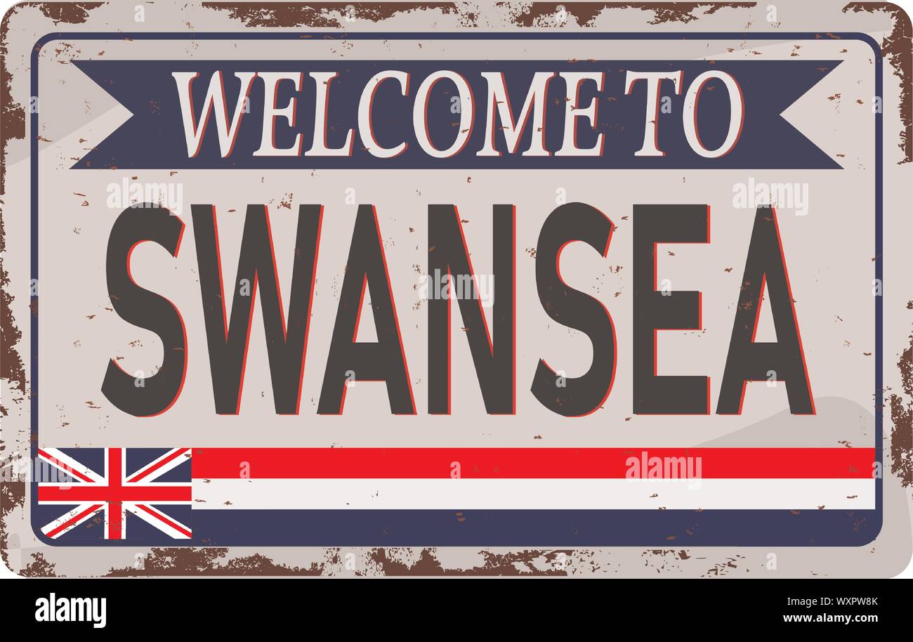 Bienvenue sur Retro Vintage Swansea signe. Destinations de voyage à thème old rusty arrière-plan. Illustration de Vecteur