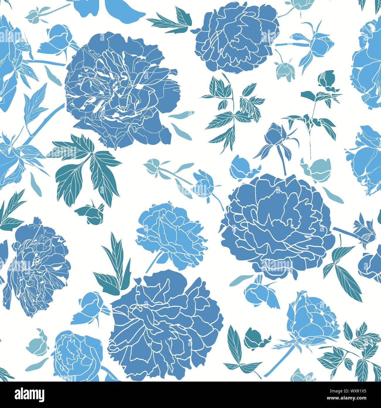 Blanc de répétition avec blue peony florals. Modèle inspiré du Japon. Parfait pour le papier et des projets ou événements textiles. Schéma de surface design. Illustration de Vecteur