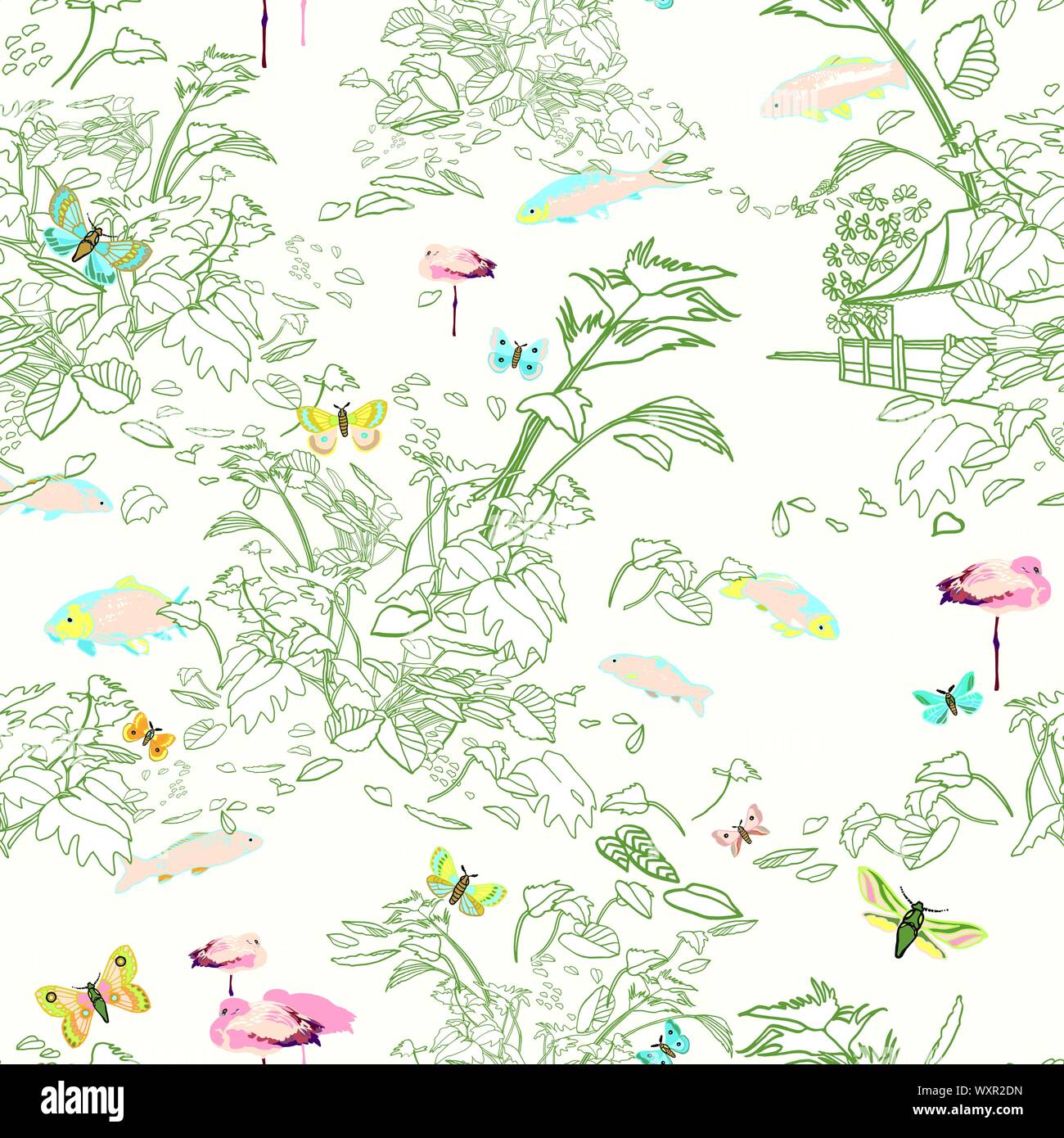 Style gravure jungle exotique la structure du paysage. Jardin botanique, la feuille de style d'art de la ligne, la gravure dans des tons vert pastel. Lake Cottage, poisson, papillon. Packaging design, décoration d'intérieur, à l'arrêt. Illustration de Vecteur