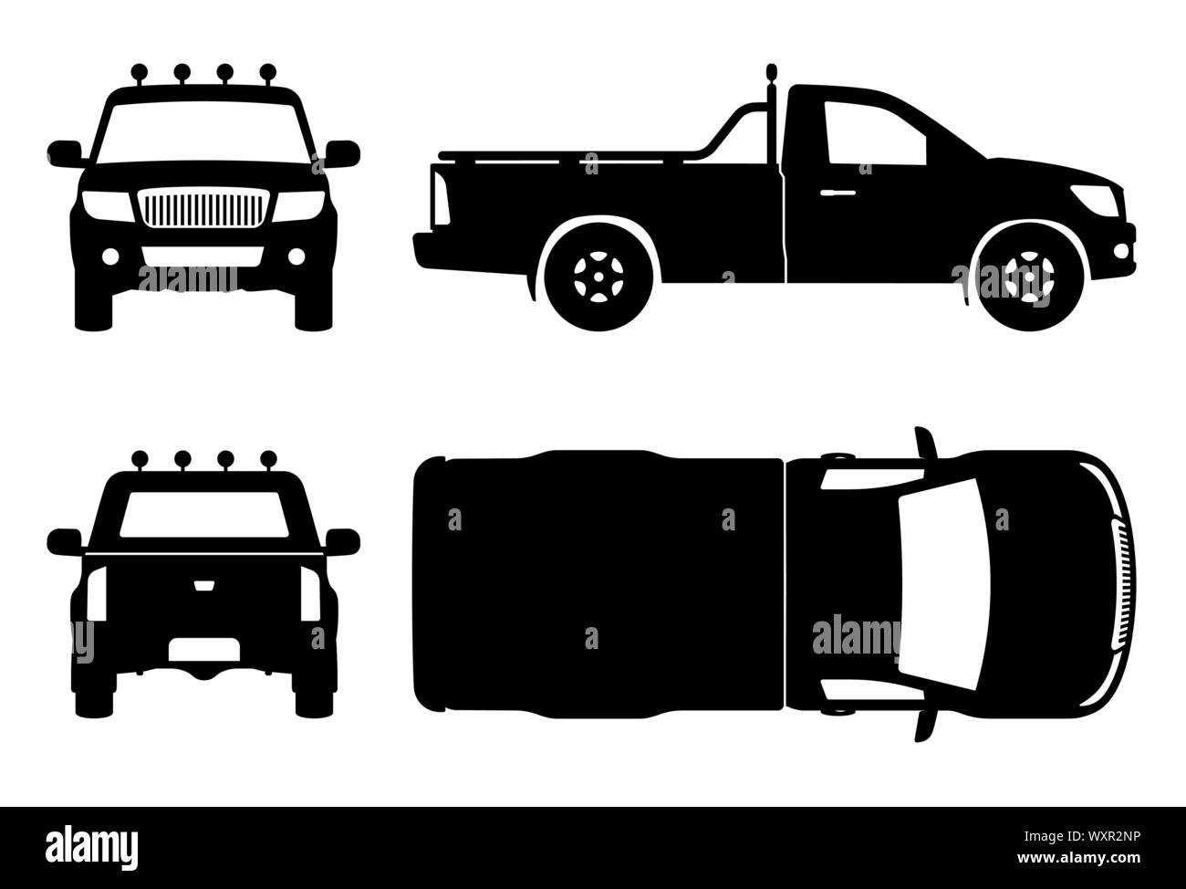 Camionnette silhouette sur fond blanc. Icônes de véhicule set voir d'un côté, avant, arrière, et top Illustration de Vecteur