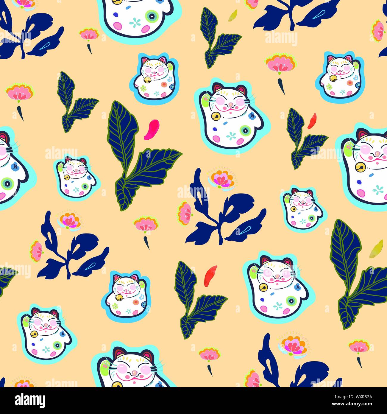 Vecteur d'abricot de répétition avec happy maneki neko chat rose et folk art florals. Modèle inspiré du Japon. Le style comique. Parfait pour le papier et des projets ou événements textiles. Schéma de surface design. Illustration de Vecteur