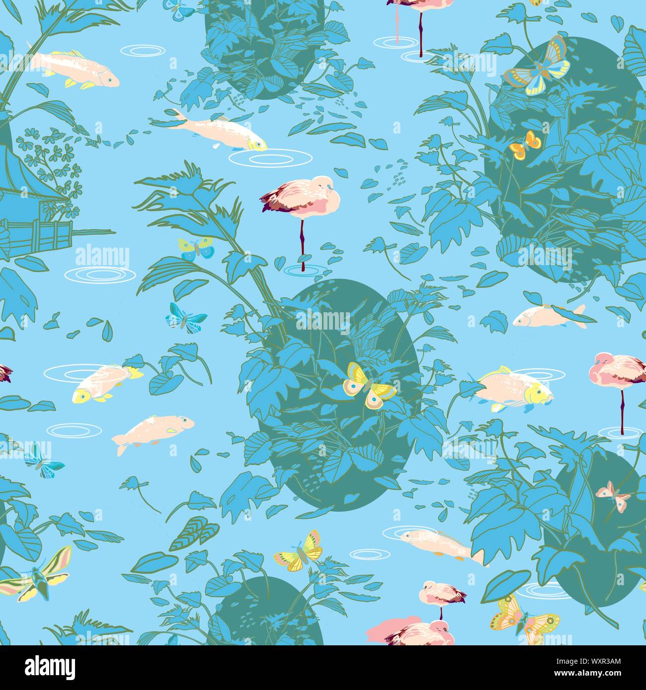 Style gravure jungle exotique la structure du paysage. Jardin botanique, la feuille de style d'art de la ligne, la gravure dans des tons bleu pastel. Lake Cottage, poisson, papillon. Packaging design, décoration d'intérieur, à l'arrêt. Illustration de Vecteur