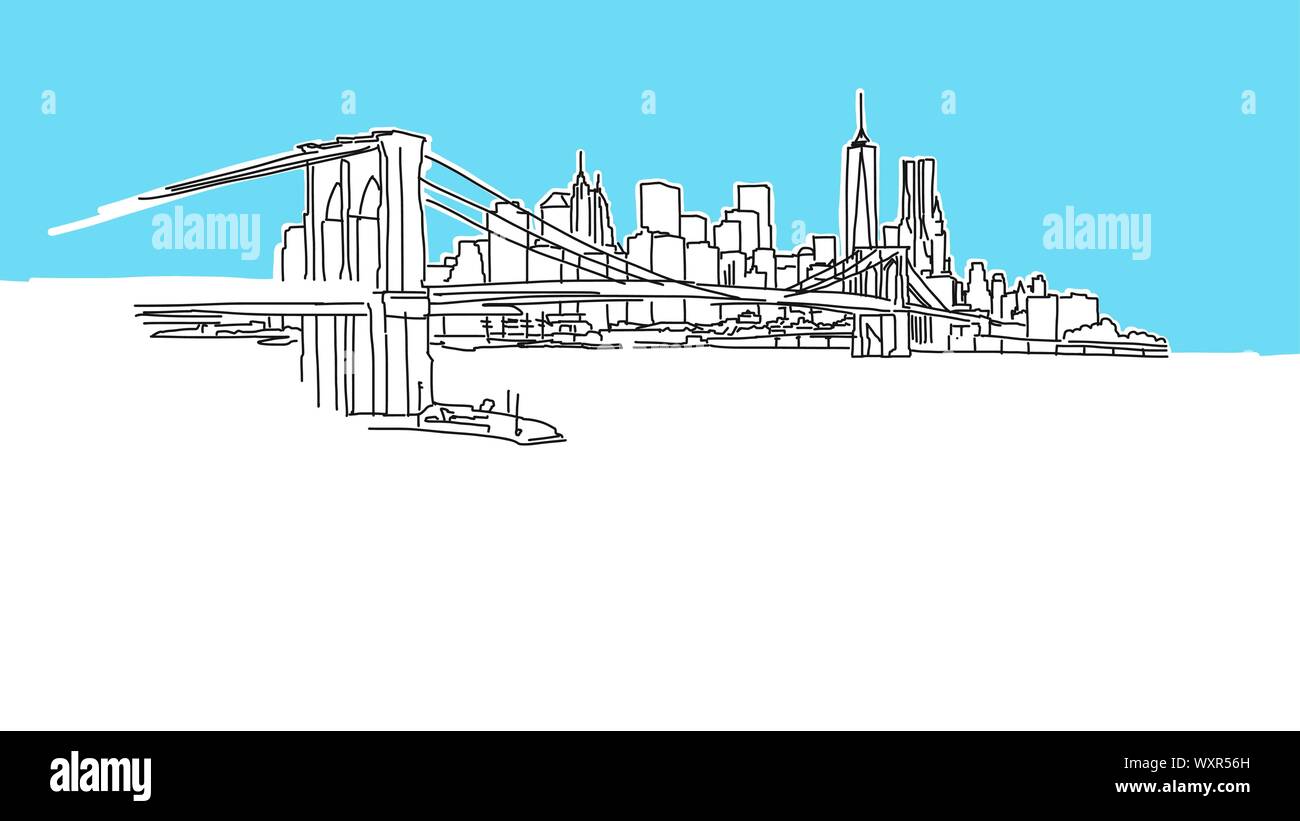 New York Skyline Panorama dessin vectoriel. Illustration dessinée à la main sur fond bleu. Illustration de Vecteur