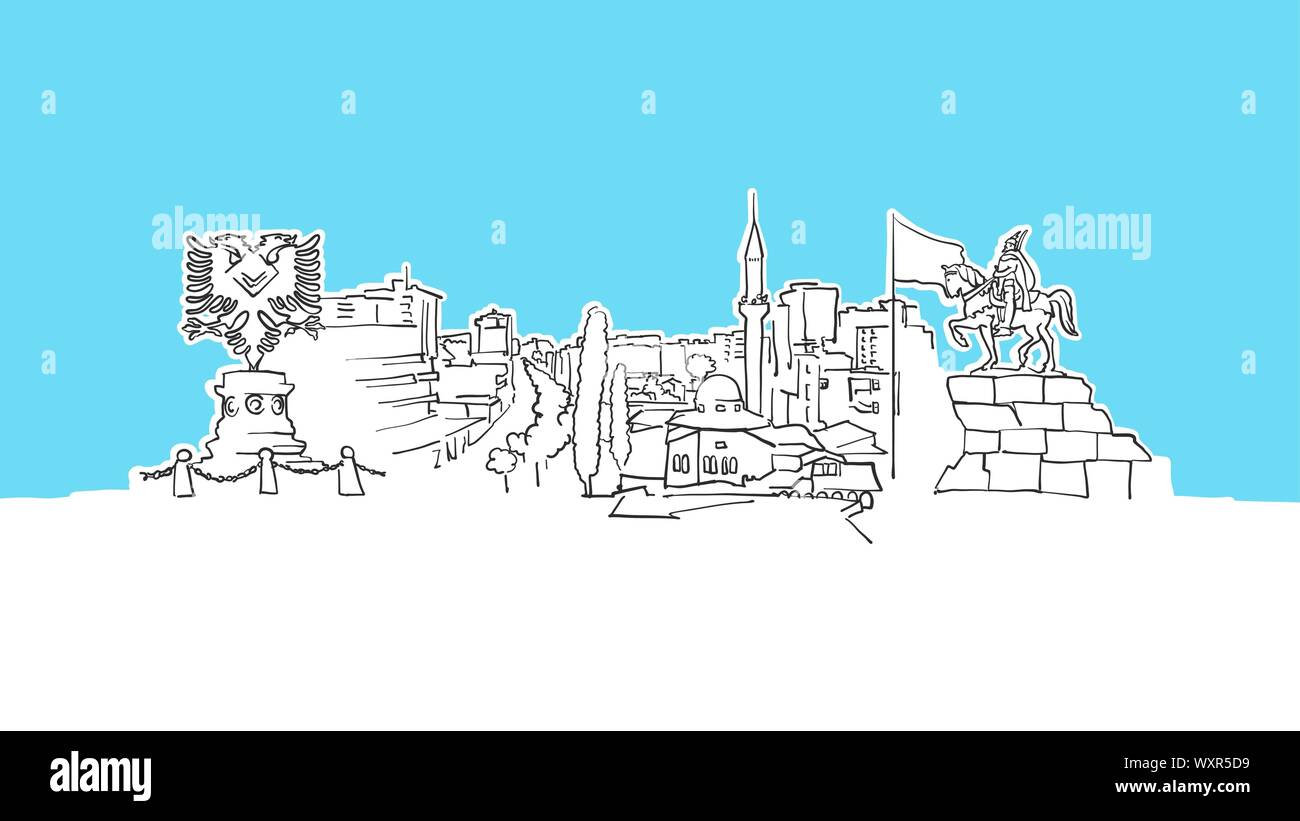Skyline Panorama Tirana Croquis vecteur. Illustration dessinée à la main sur fond bleu. Illustration de Vecteur