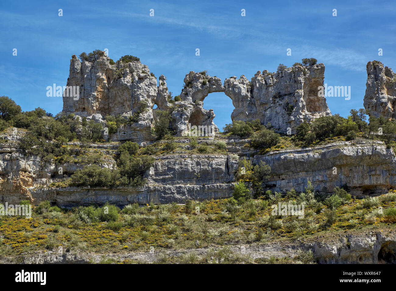 Rock formations in Orbaneja del Castillo, connu sous le nom de Kiss les chameaux, forme la carte de l'Afrique, Parc Naturel de la partie supérieure de l'Ebre, Castille-León. Espagne Banque D'Images