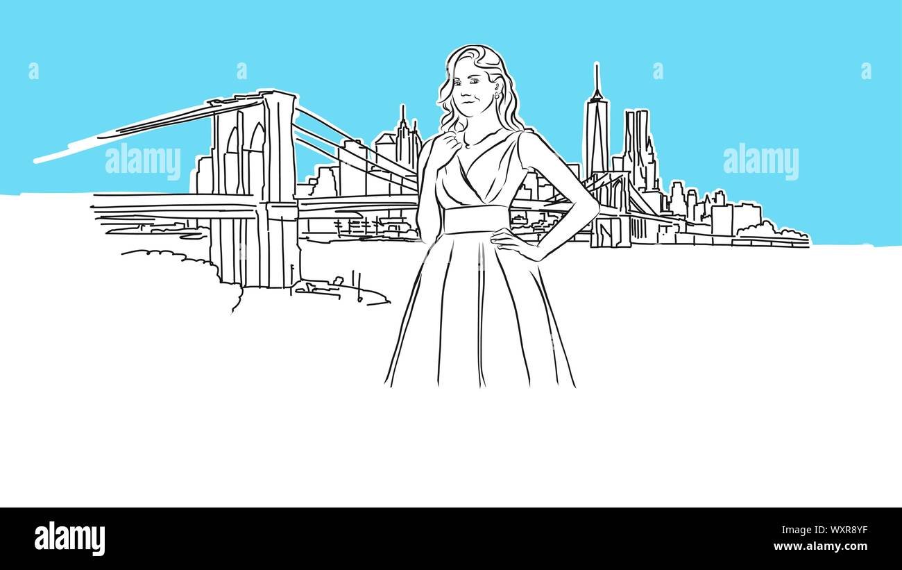 Fille devant New York Skyline Panorama dessin vectoriel. Illustration dessinée à la main sur fond bleu. Illustration de Vecteur