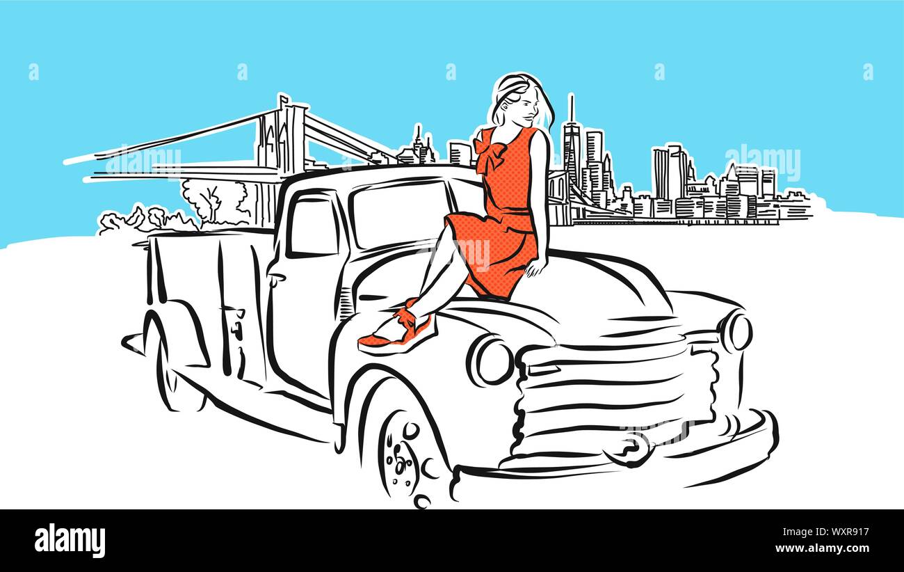 Fille sur la voiture en face de la ville de New York Skyline Panorama dessin vectoriel. Illustration dessinée à la main sur fond bleu. Illustration de Vecteur
