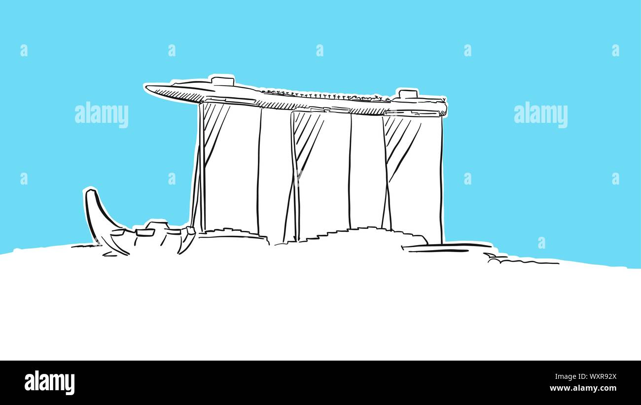Singapour Marina Bay Skyline Panorama dessin vectoriel. Illustration dessinée à la main sur fond bleu. Illustration de Vecteur