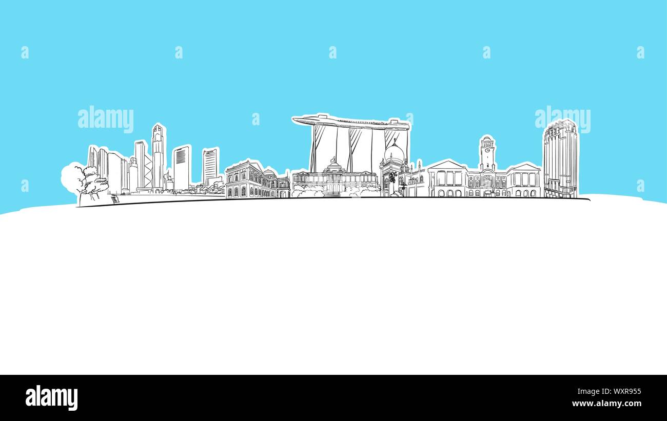 Singapour Skyline Panorama Vector croquis. Illustration dessinée à la main sur fond bleu. Illustration de Vecteur