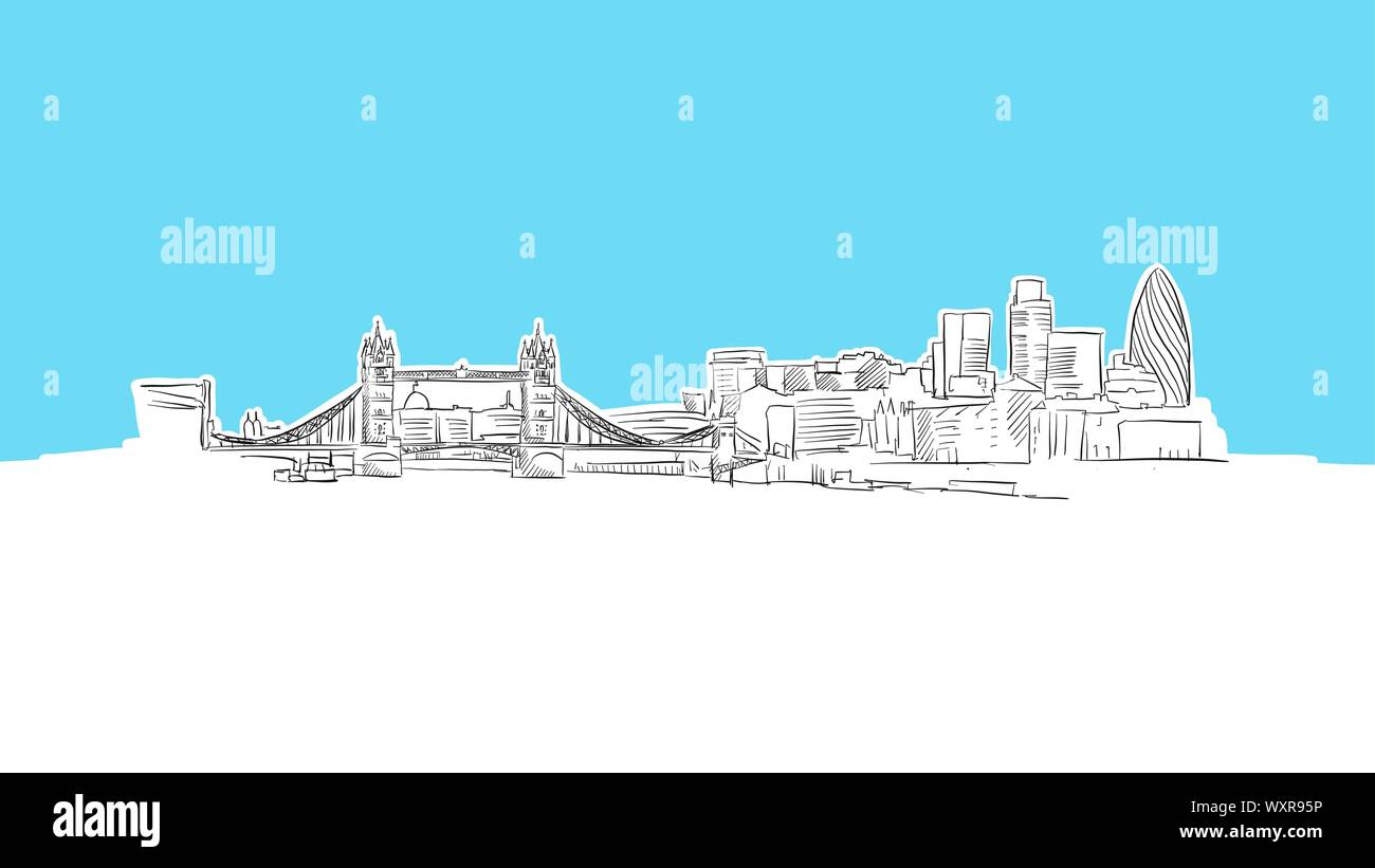 London Skyline Panorama Vector croquis. Illustration dessinée à la main sur fond bleu. Illustration de Vecteur