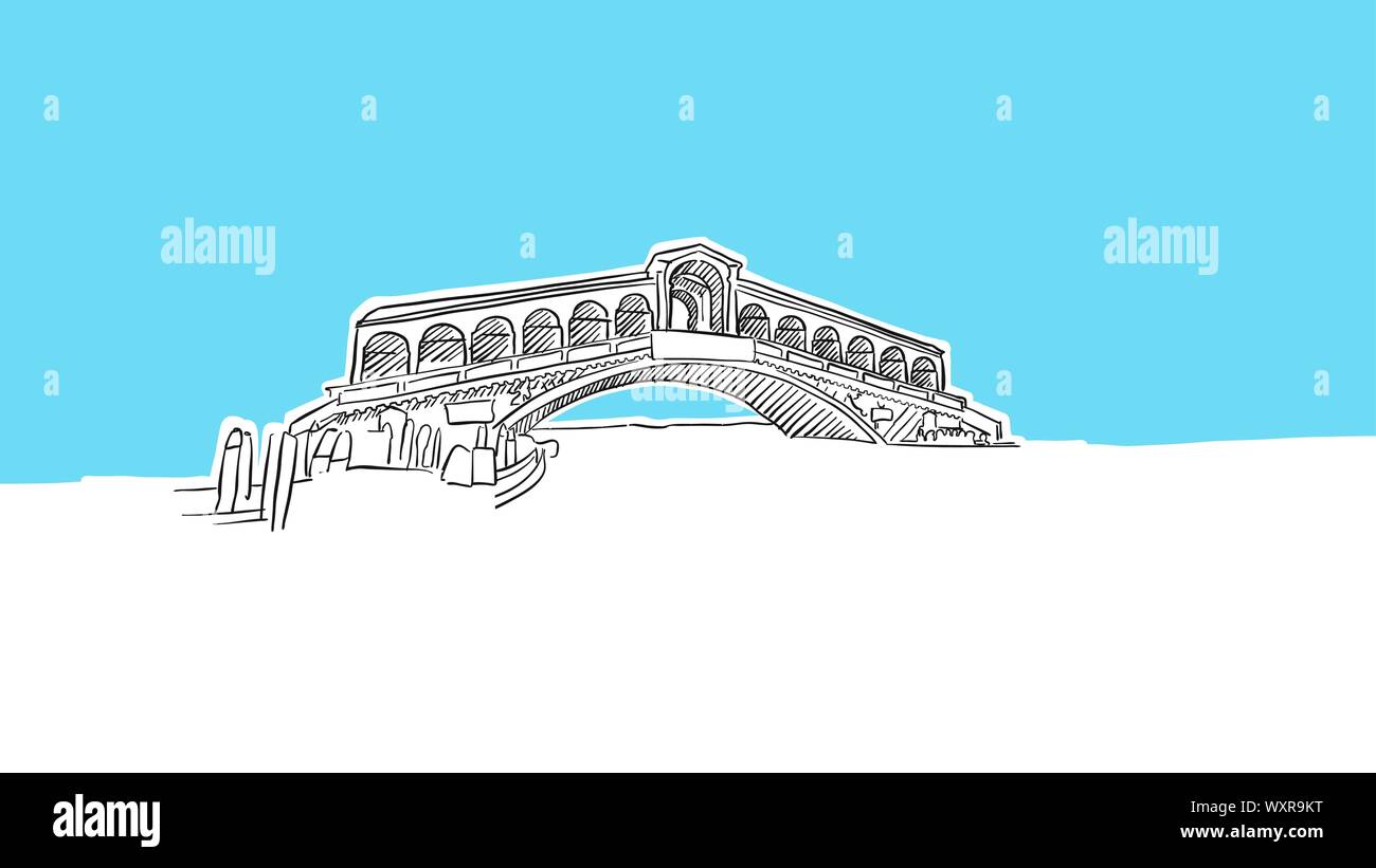 Pont du Rialto Venise Skyline Panorama Vector croquis. Illustration dessinée à la main sur fond bleu. Illustration de Vecteur