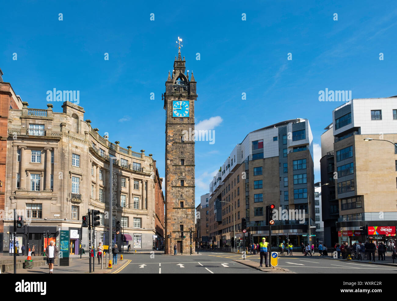 Avis de Merchant City à l'horloge de Trongate Glasgow, Écosse, Royaume-Uni Banque D'Images