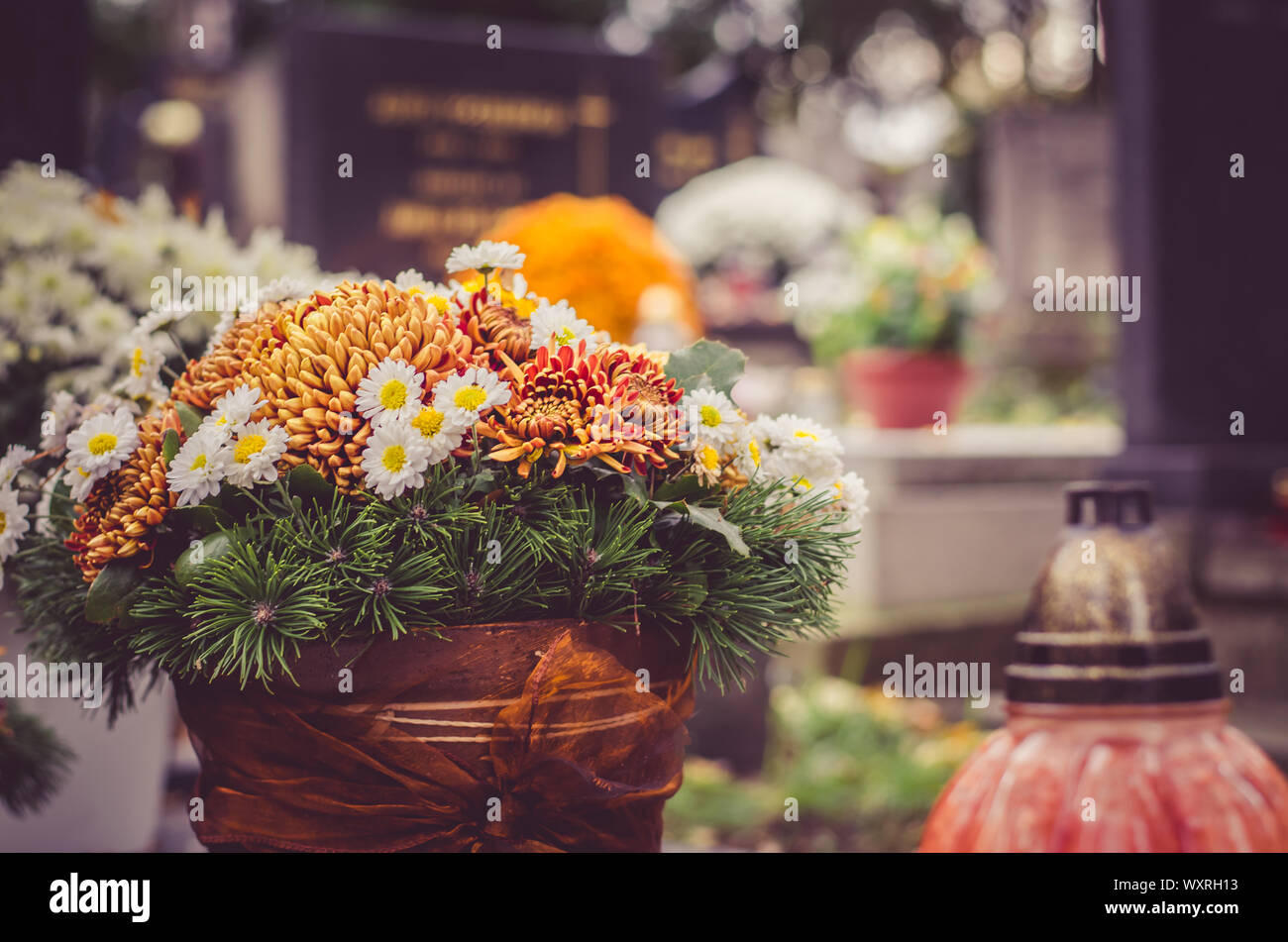Bouquet de fleurs colorées au cours de Christian Toussaint cas couché dans la tombe dans le cimetière Banque D'Images