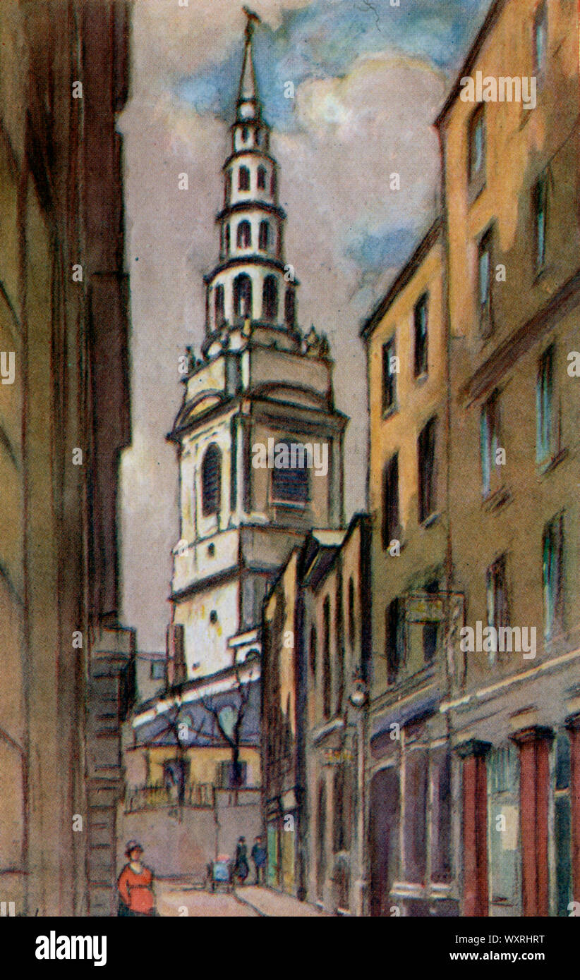 St Bride's Church, près de Fleet Street, c1925. Par Livens Horace Mann (1862-1936). St Bride's Church est une église de la ville de Londres, en Angleterre. Le bâtiment actuel a été conçu par Sir Christopher Wren. Wren's bâtiment original a été détruit par le feu au cours de la London Blitz de 1940. Banque D'Images