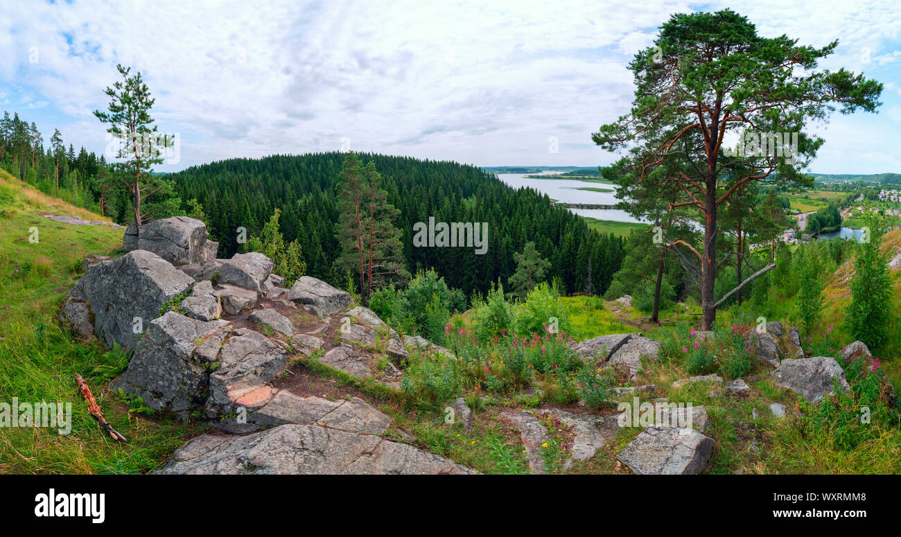 Pins parmi les pierres sur une falaise rocheuse . River , Hellenici Karelia, Panorama Banque D'Images