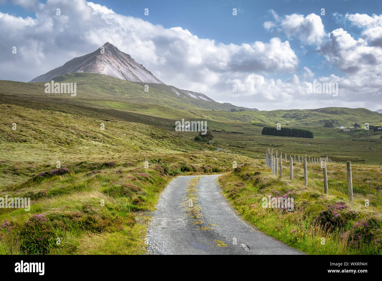 Un pays à distance route qui conduit jusqu'au Mont Errigal, dans le comté de Donegal en Irlande Banque D'Images