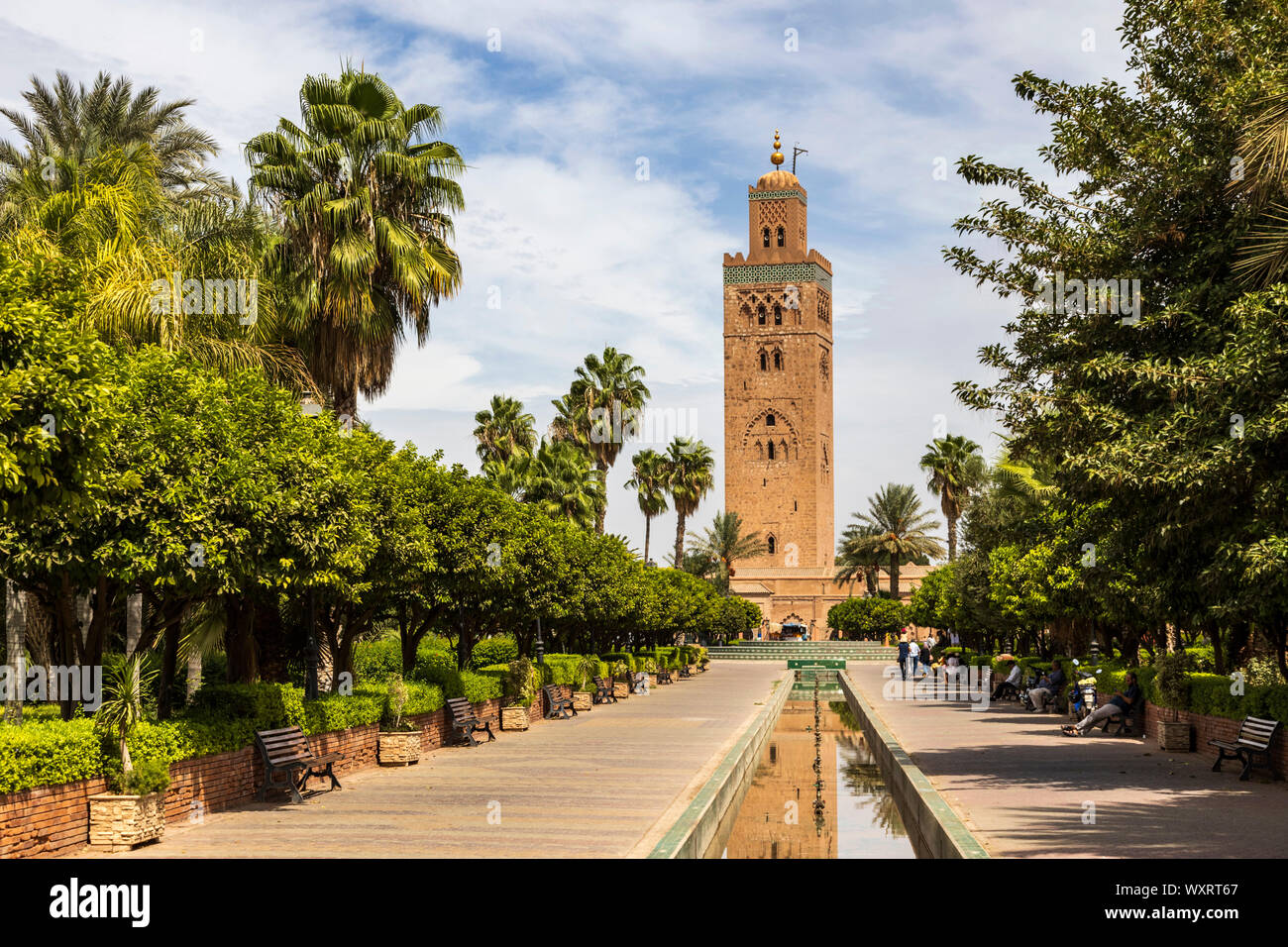 La mosquée de la Koutoubia, les jardins de la Koutoubia, Marrakech, Maroc, Maghreb, Afrique du Nord Banque D'Images