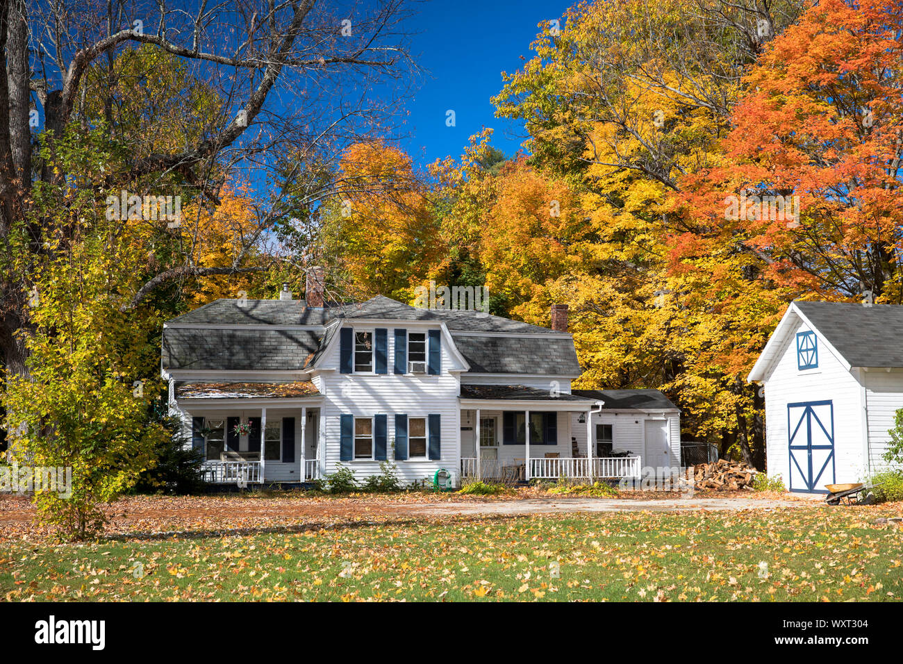 Neat, traditionnel en bois typique maison en bois blanc entouré de feuillage d'automne, dans la région de Conway, New Hampshire, USA Banque D'Images