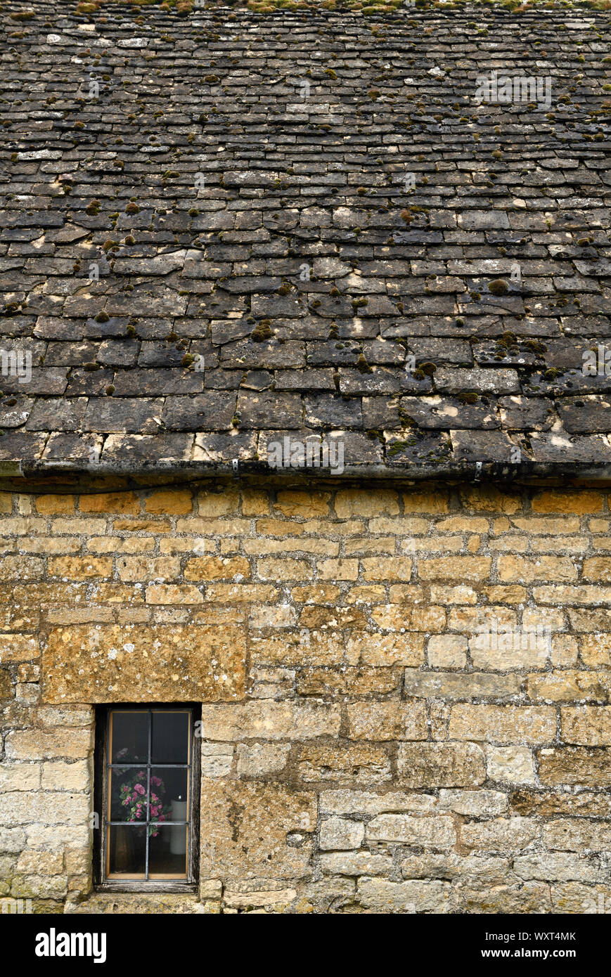 Mur de pierre calcaire jaune Cotswold House avec un toit en ardoise et fenêtre avec des fleurs dans le Gloucestershire Angleterre Snowshill Banque D'Images
