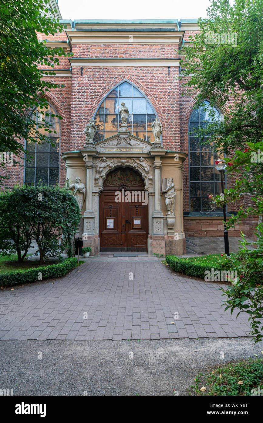 Stockholm, Suède. Septembre 2019. Une vue de la porte d'entrée de l'église allemande Banque D'Images