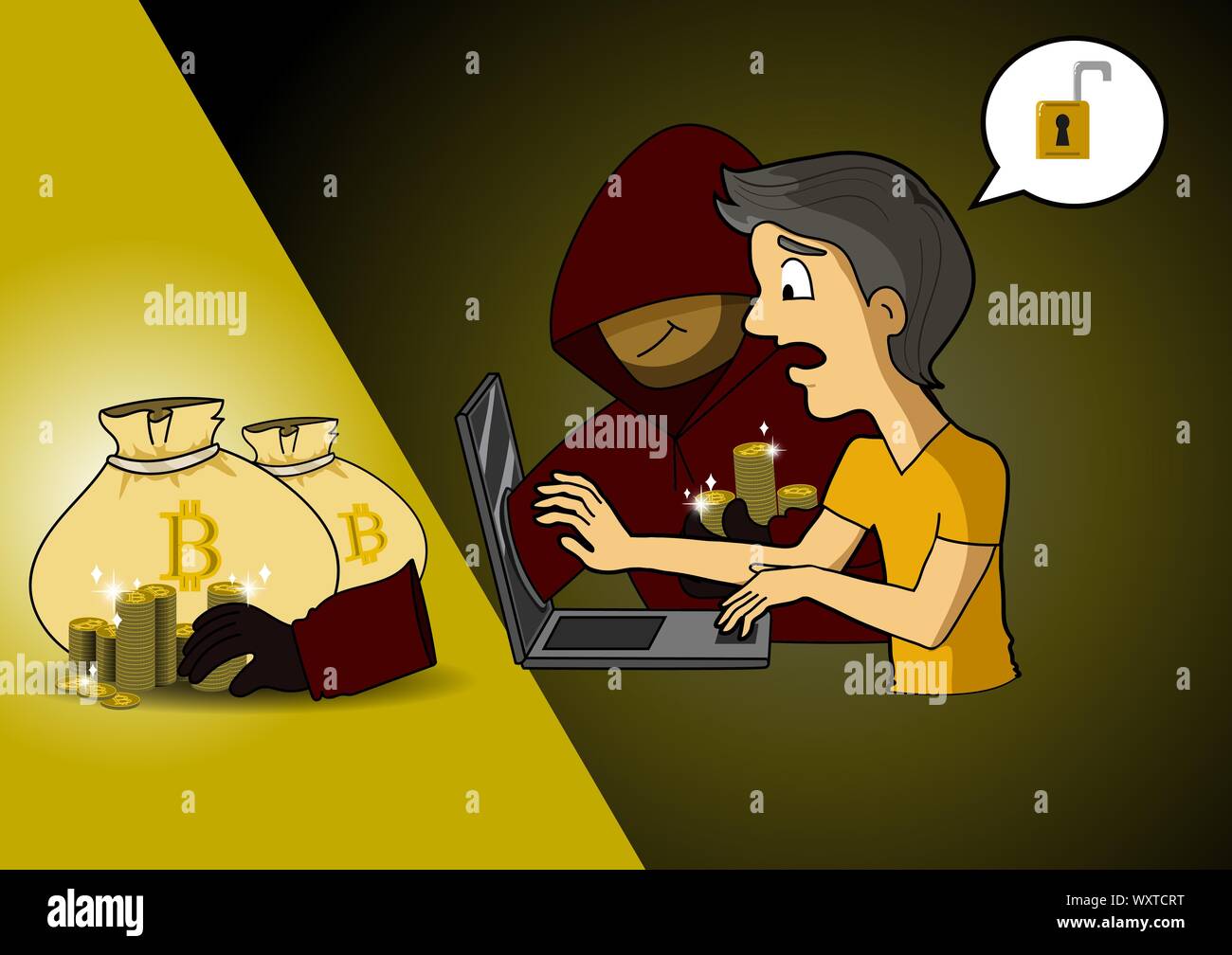 Cartoon hacker cachant son visage sous le capot atteindre main dans un écran d'ordinateur portable pour le vol d'cryptocurrency bitcoin Illustration de Vecteur