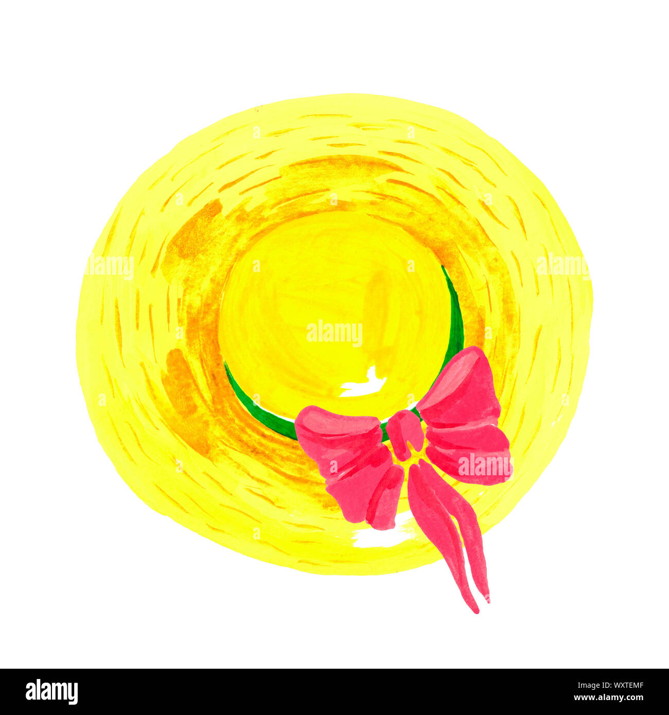 Illustration à l'aquarelle d'un grand chapeau jaune avec noeud rose. Des femmes d'été accessoire Banque D'Images