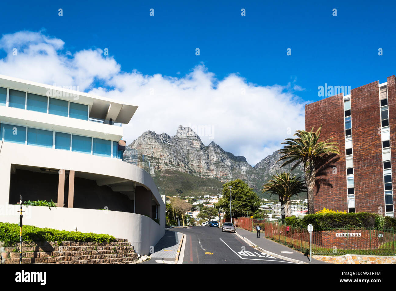 Street View de banlieue résidentielle de banlieue de la ville du Cap, Afrique du Sud a appelé le Camps Bay et vue sur la Montagne de la table et des bâtiments au printemps Banque D'Images