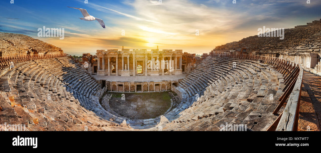Dans l'Amphithéâtre antique cité de Hiérapolis et mouette au-dessus. Ciel coucher de soleil spectaculaire. Monument du patrimoine culturel de l'Unesco. Pamukkale, Turquie Banque D'Images