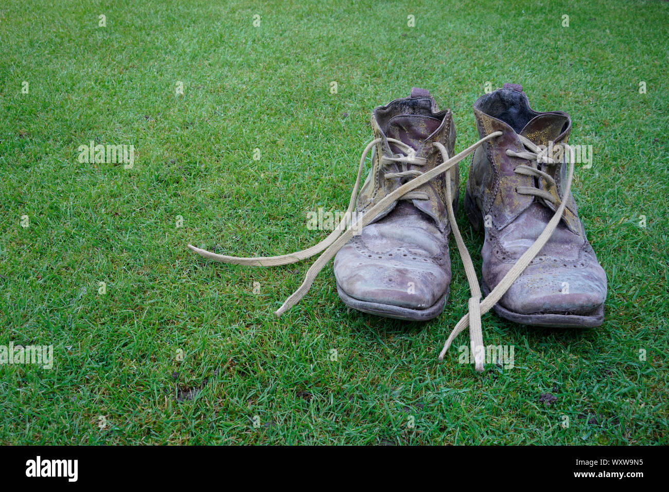 Vieilles bottes moisies sur l'herbe Banque D'Images