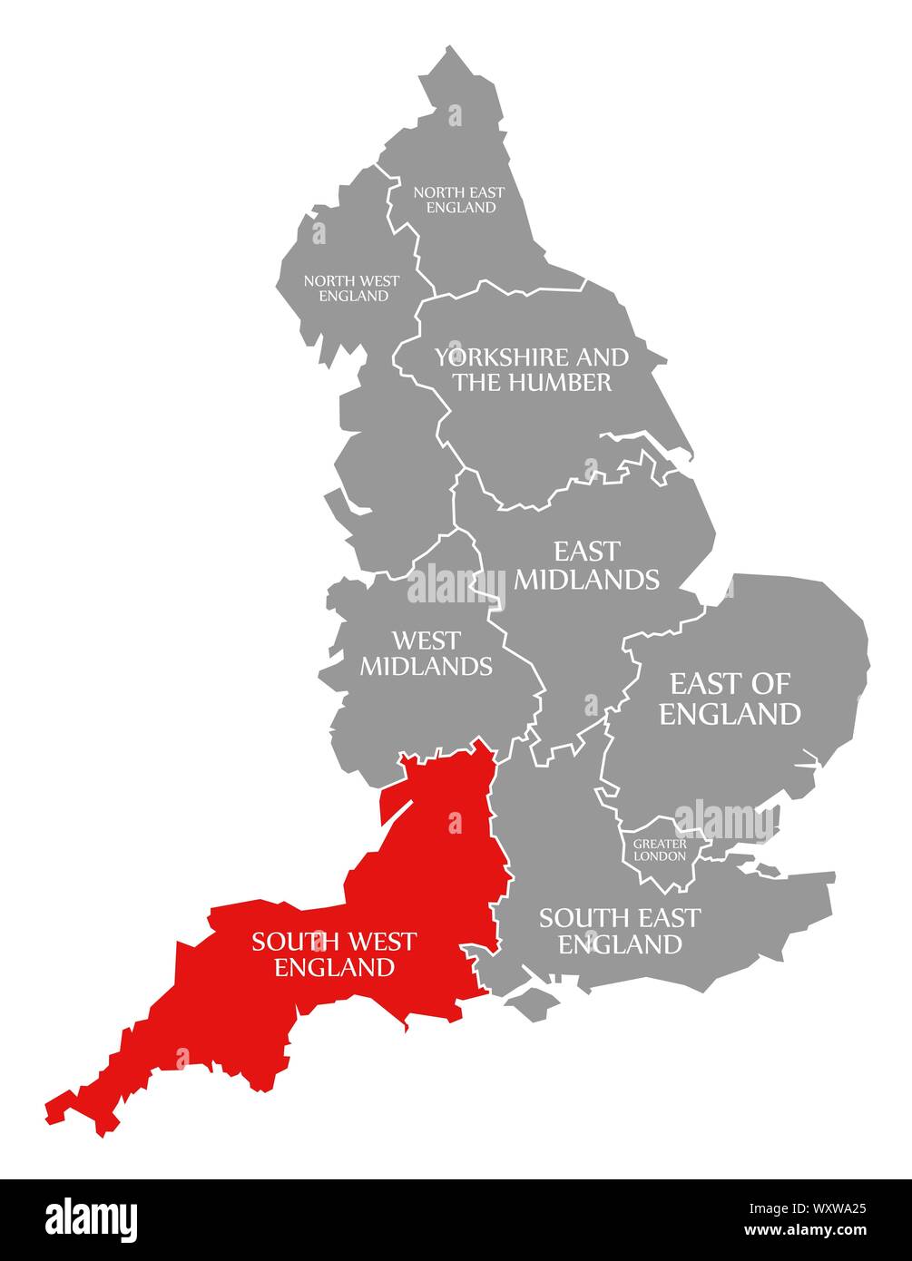 Le sud-ouest de l'Angleterre en surbrillance rouge dans la carte de l'Angleterre, Royaume-Uni Banque D'Images