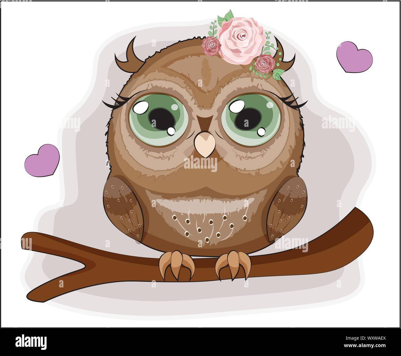 Chouette Bebe Aux Yeux Verts Sur Une Branche En Fleur Rose Roses La Photo En Dessin Cartoon Style Peut Etre Utilise Pour T Shirt Print Porter Des Image Vectorielle Stock Alamy