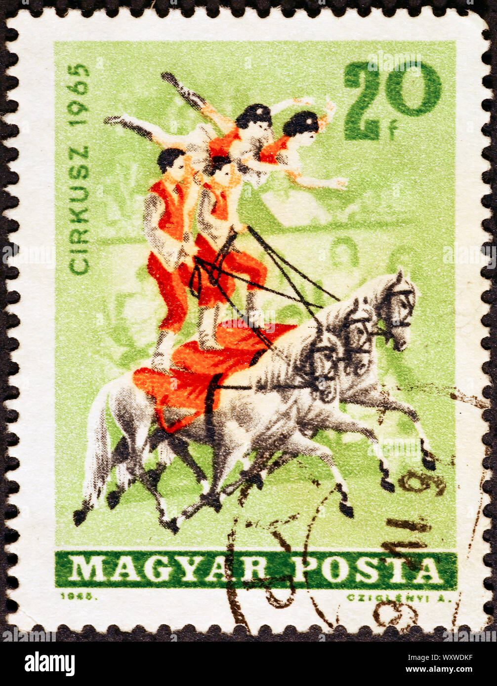 Acrobates de cirque sur timbre hongrois Banque D'Images