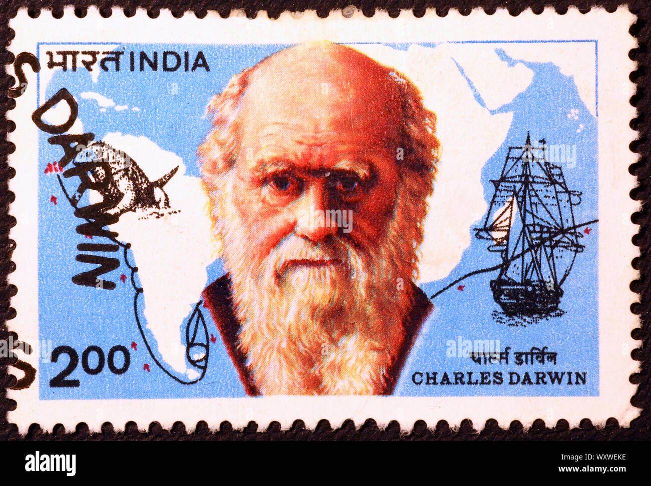 Voyage de Darwin et Beagle portrait sur timbre indien Banque D'Images