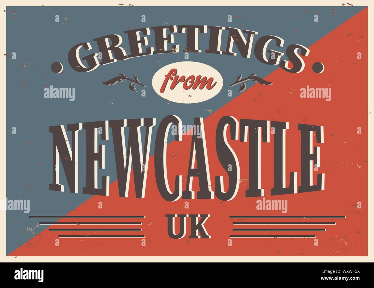 Villes du Royaume-Uni salutations Retro Vintage de Newcastle signe. Destinations de voyage à thème old rusty arrière-plan. Illustration de Vecteur