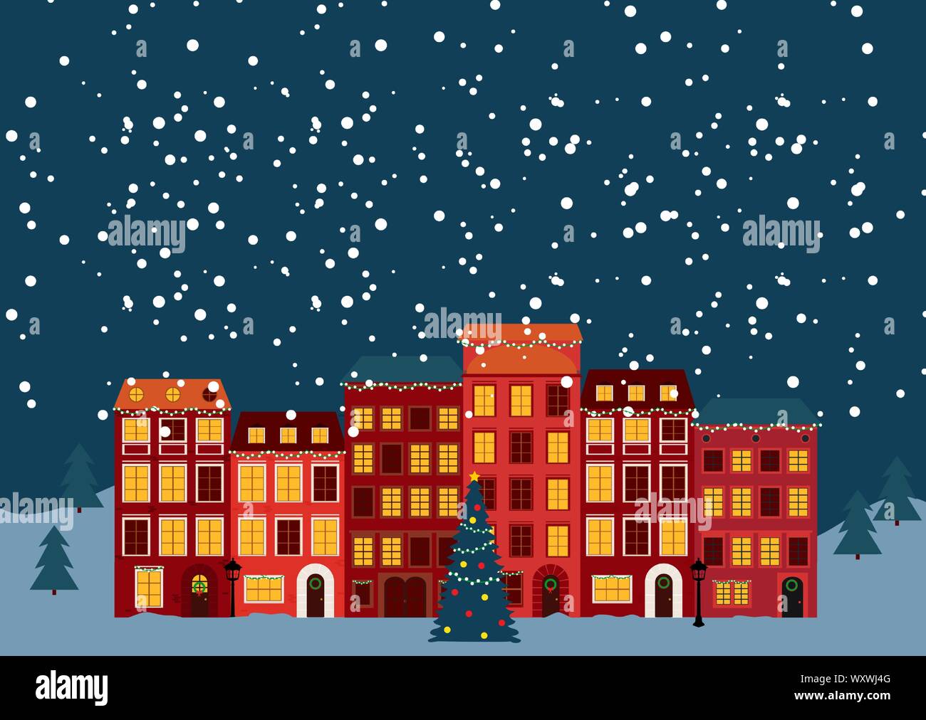Noël et Nouvel An hiver petit village au style rétro. Vector Illustration Illustration de Vecteur