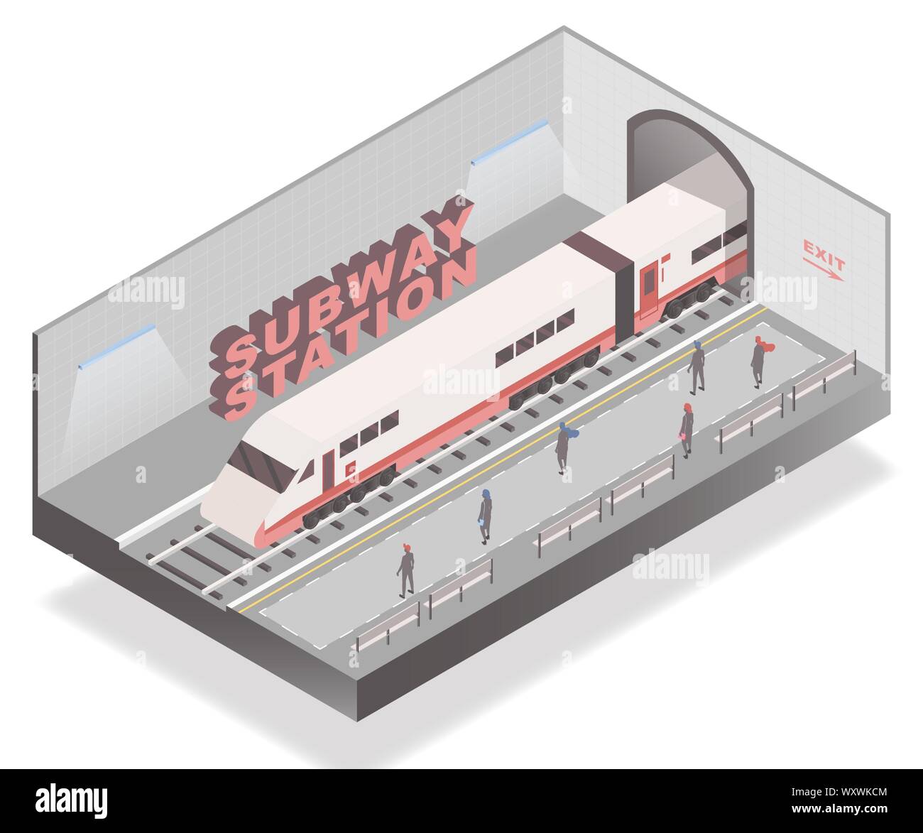 Métro station modèle vecteur bannière isométrique. Les passagers qui attendent sur le quai de métro, train arrivant 3D illustration avec lettrage. Les transports en métro, train, véhicule concept de déplacement urbain Illustration de Vecteur