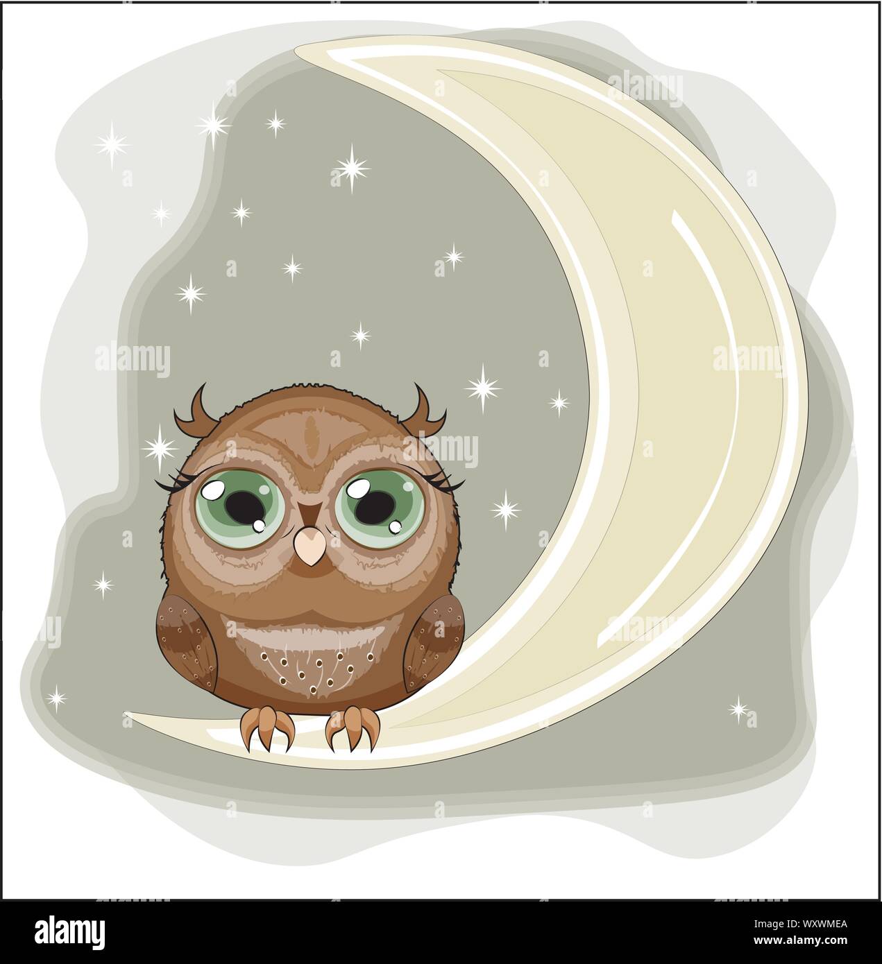 Conte de hibou avec des yeux verts, sur la lune dans le ciel nocturne. La photo en dessin cartoon style, peut être utilisé pour t-shirt print, porter desig Illustration de Vecteur