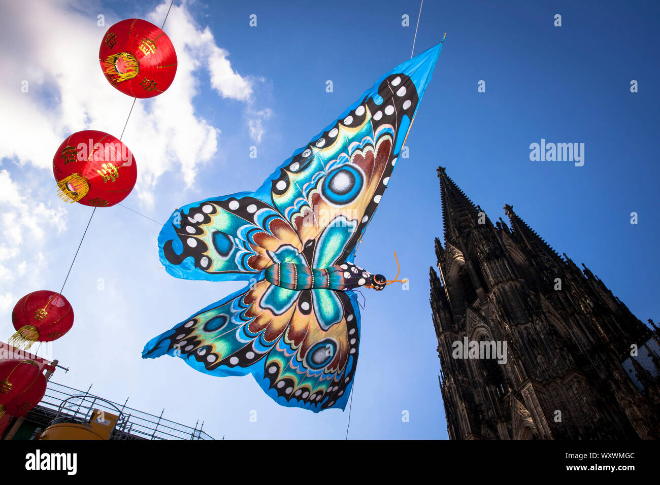 Festival de la Chine sur la place Roncalli à la cathédrale, papillon de décoration, Cologne, Allemagne. Auf dem Chinafest Roncalliplatz am Dom, Schmetterling Banque D'Images