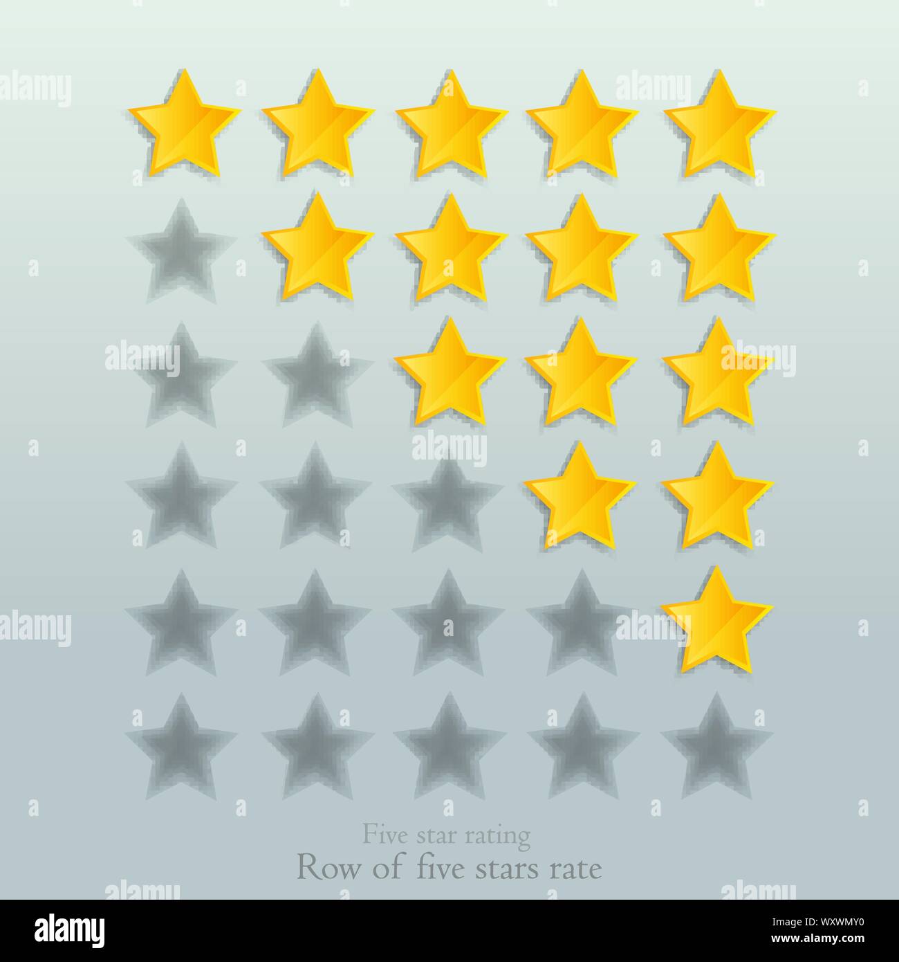 Cinq étoiles tarif collection rangée, de classer les éléments d'état, l'examen statistique, tableau 0. Télévision cute cartoon golden stars set pour le web et print Illustration de Vecteur