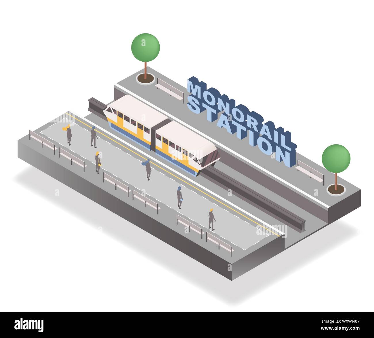 La station de monorail bannière isométrique modèle vectoriel. Les passagers qui attendent sur la plate-forme, tramway et arbres 3D illustration avec lettrage. L'élément de l'architecture urbaine, les transports publics, ville travel concept Illustration de Vecteur