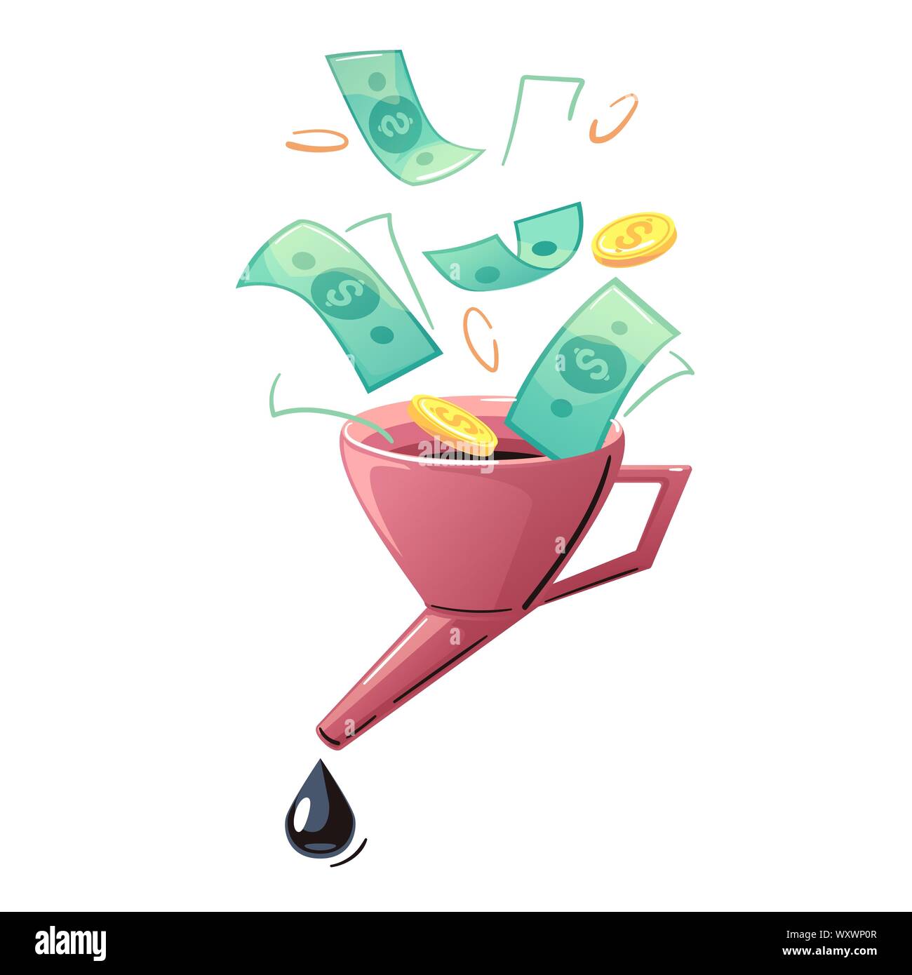 Entonnoir d'argent et noir du carburant. Dollar à huile. Télévision illustration avec l'industrie de l'huile concept de crise. Hausse des prix de l'essence. Vector isolated fond blanc. Illustration de Vecteur