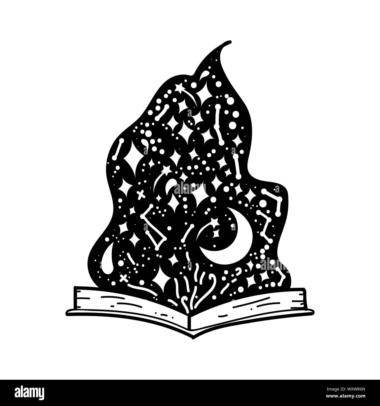 Livre ouvert avec magic glow est isolé sur fond blanc. Livre ouvert avec étoiles blanches de prendre l'avion. Télévision vector illustration. Lecture livre dessin magique. Illustration de Vecteur