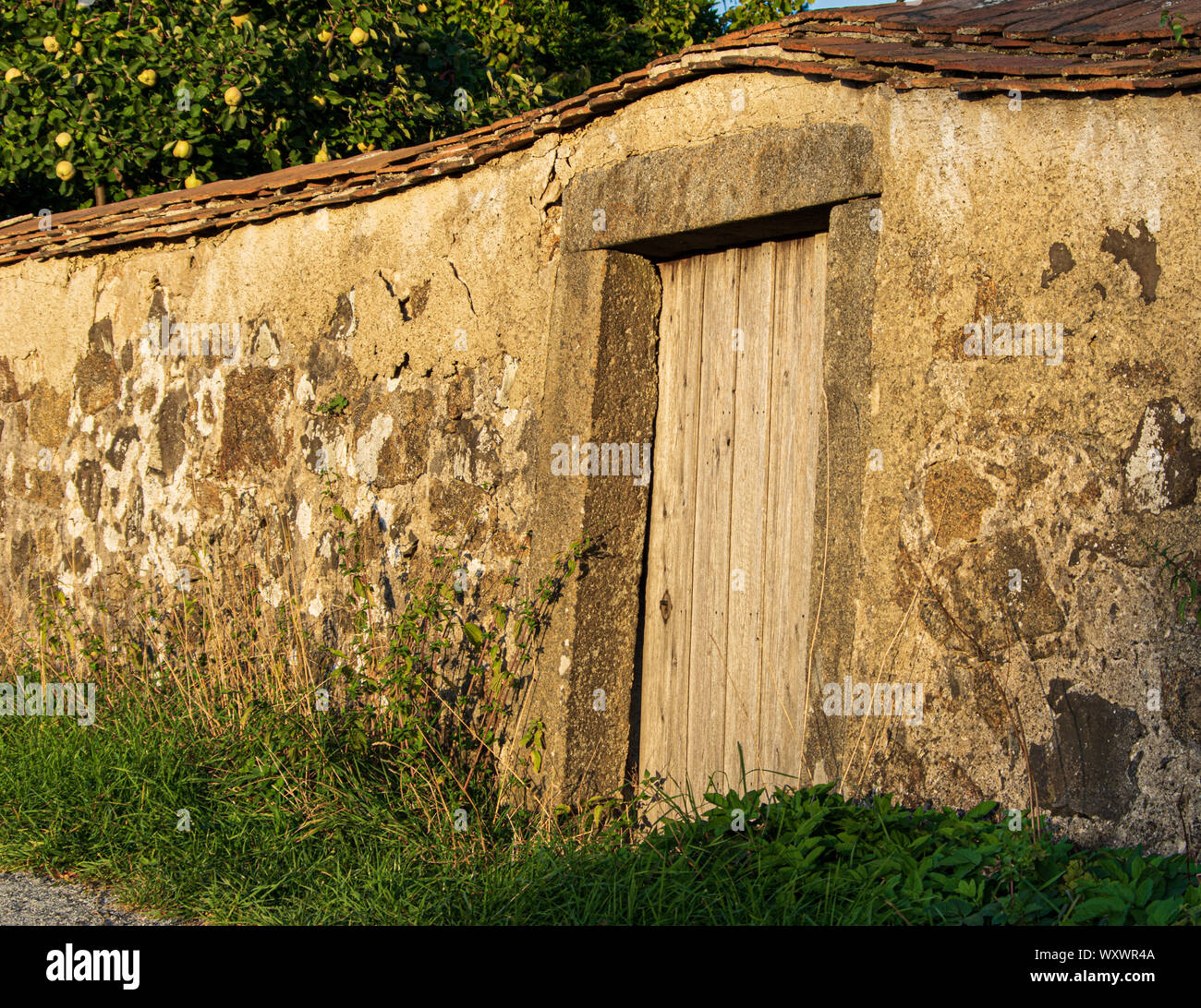 Porte en vieille brique mur sur cour de ferme Banque D'Images