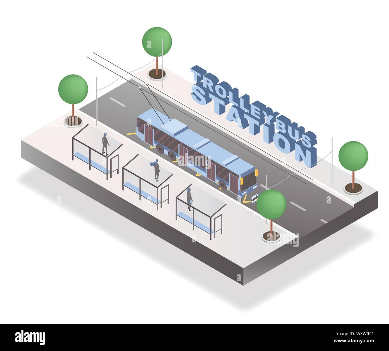 La gare de trolleybus bannière isométrique modèle. Les passagers sur le trottoir attendant bus 3D de vecteur illustration avec lettrage. Élément d'architecture urbaine, transport public, ville de l'affiche de voyage Illustration de Vecteur