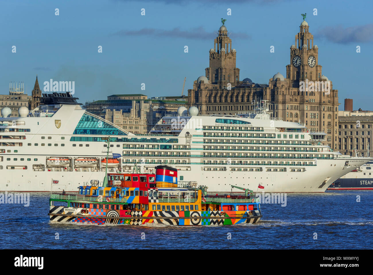 Liverpool waterfront à la lumière du soleil du soir avec régulation lner Seabourn Ovation. Le Snowdrop ferry Mersey. Le traversier Dazzle Vivre Royal bâtiment. Banque D'Images