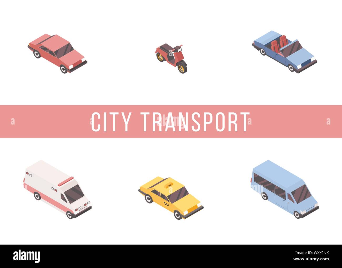 Transport urbain vecteur isométrique modèle de page. Les voitures, scooter, taxi et ambulance illustrations 3D avec la typographie. Automobiles personnels et commerciaux, le trafic urbain concept de l'affiche Illustration de Vecteur