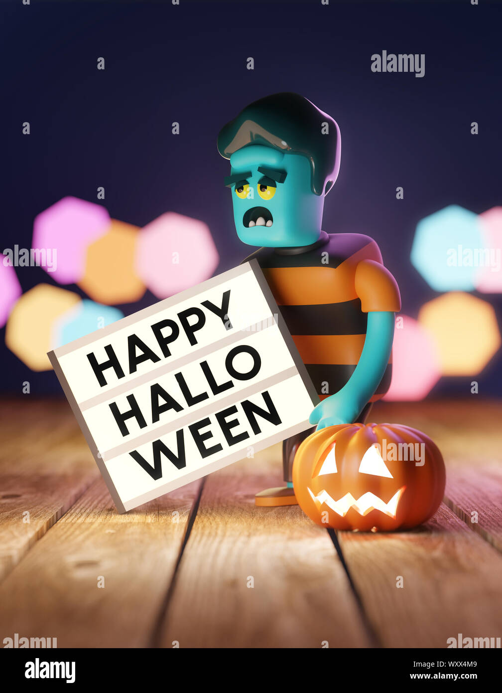 Un jouet zombie tenant une boîte à lumière avec un joyeux Halloween message. 3D illustration. Banque D'Images