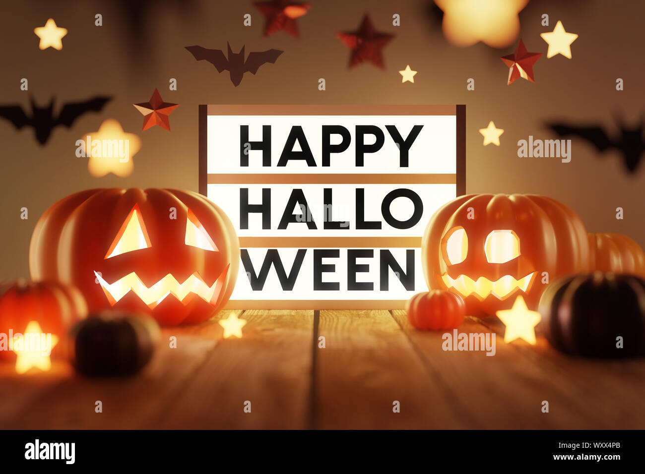 Une table décorée dans thème de l'halloween citrouille decorationsglowing avec lanternes et une lightbox message. 3D illustration. Banque D'Images