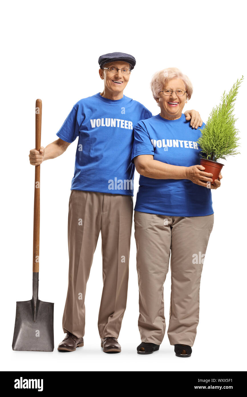Portrait d'une femme et un homme âgés bénévoles avec un arbre à planter isolé sur fond blanc Banque D'Images